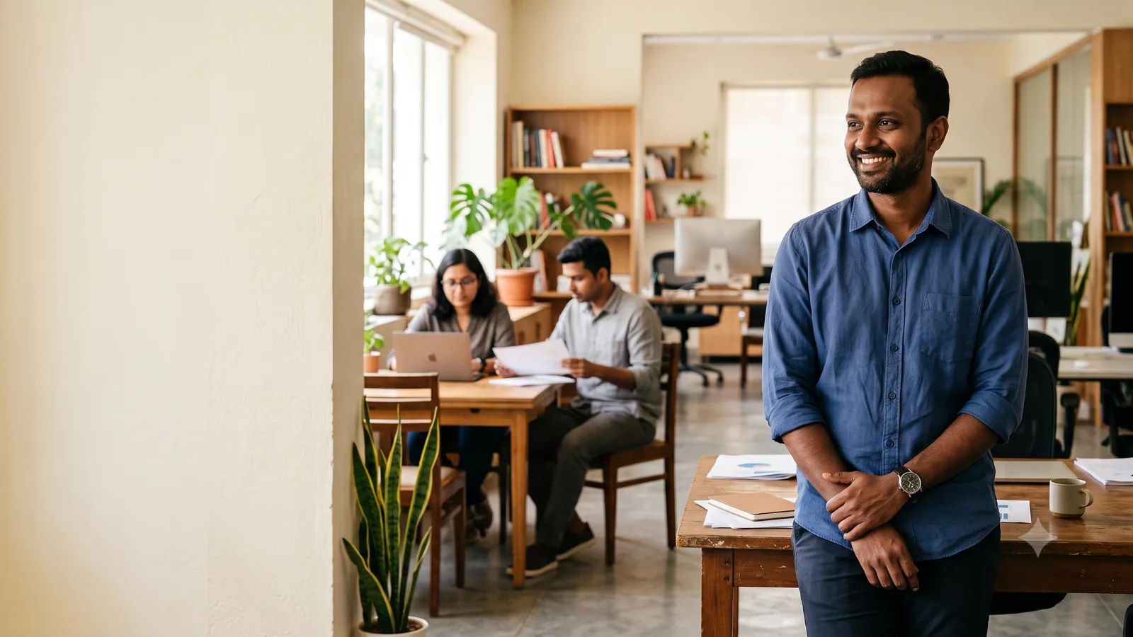 A business owner smiling in his office, his team working behind him.