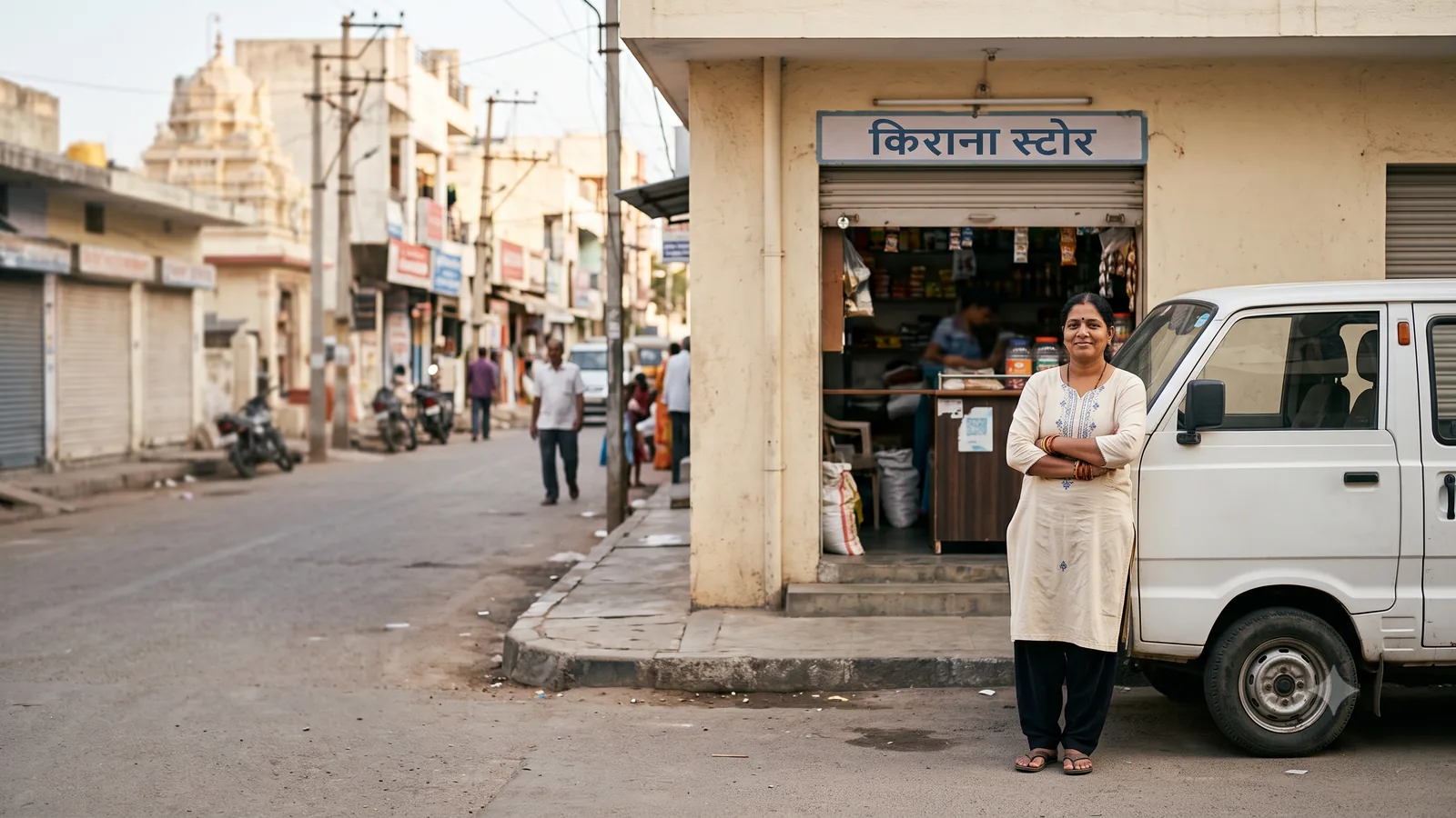 A shopkeeper standing beside her delivery van outside her kirana store, the everyday assets a small business runs on.