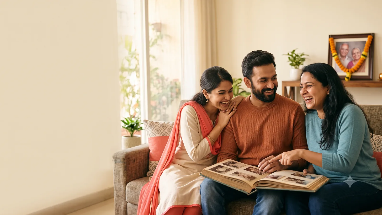 A warm Indian family laughing together over an old photo album at home.