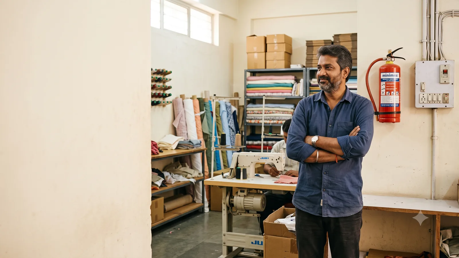 A small business owner standing confidently in his workshop, stock and equipment behind him.
