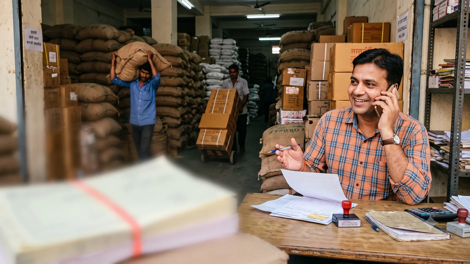 A shop and warehouse business owner smiling on a phone call amid stock and paperwork.