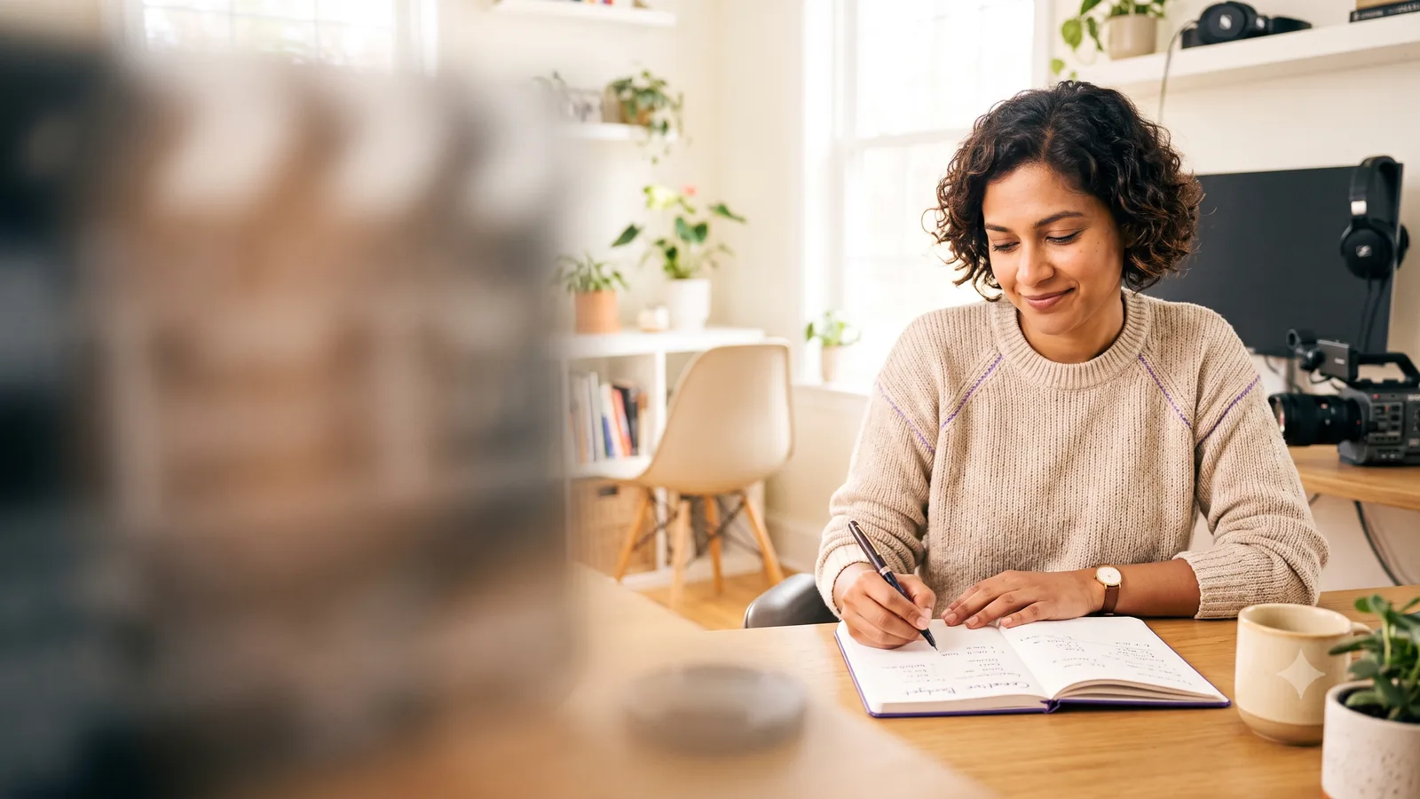 A film and creative professional journaling at a home desk with camera gear in the background.