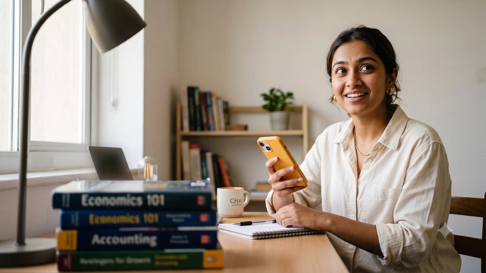 A first-time investor smiling while checking her phone at a study desk with textbooks.