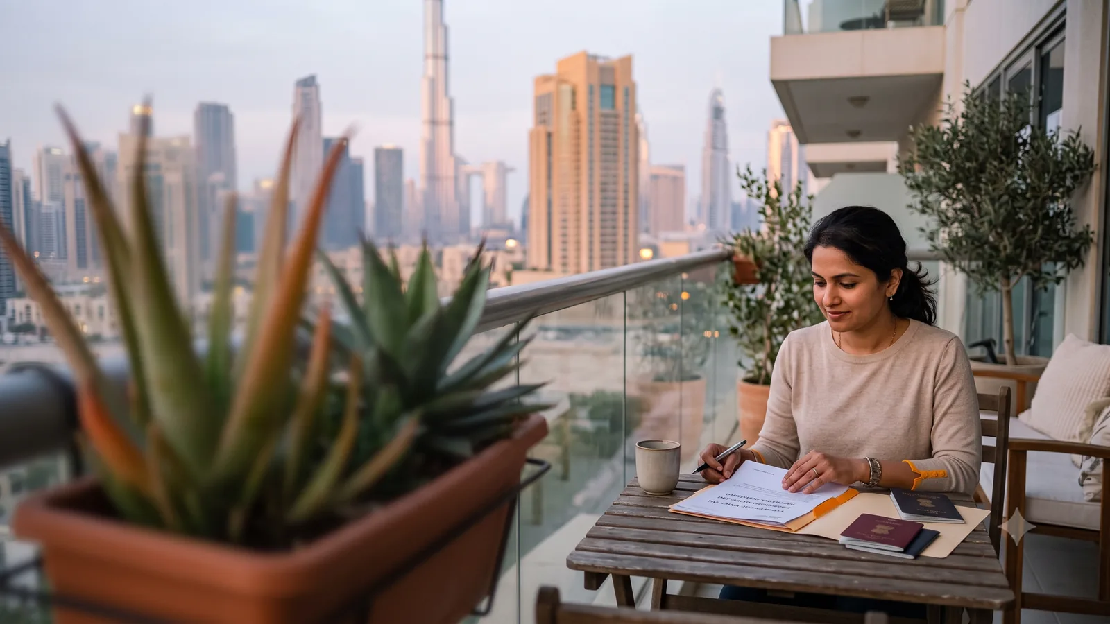 An NRI reviewing documents at a table on a balcony overlooking a Gulf city skyline.