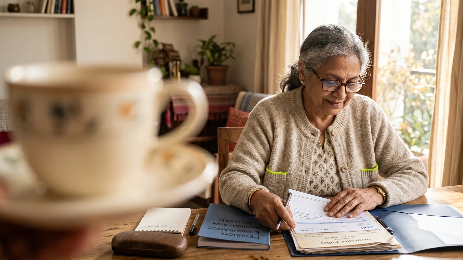 A retiree reviewing pension and insurance paperwork at home.