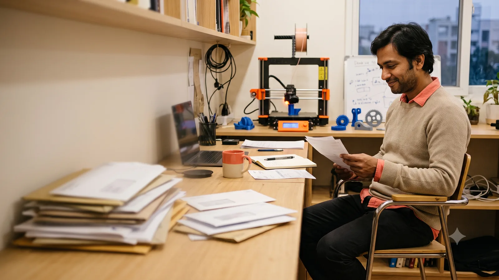 A startup founder reviewing paperwork at a home workspace with a 3D printer in the background.