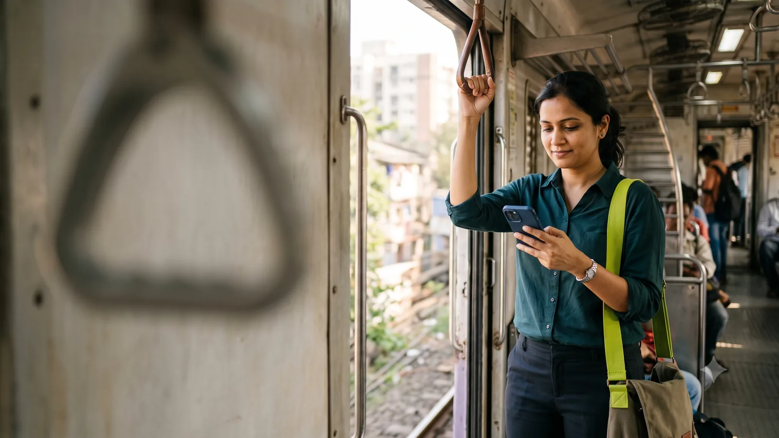 A Mumbai commuter checking her phone while holding a handle inside a Western Line local train.