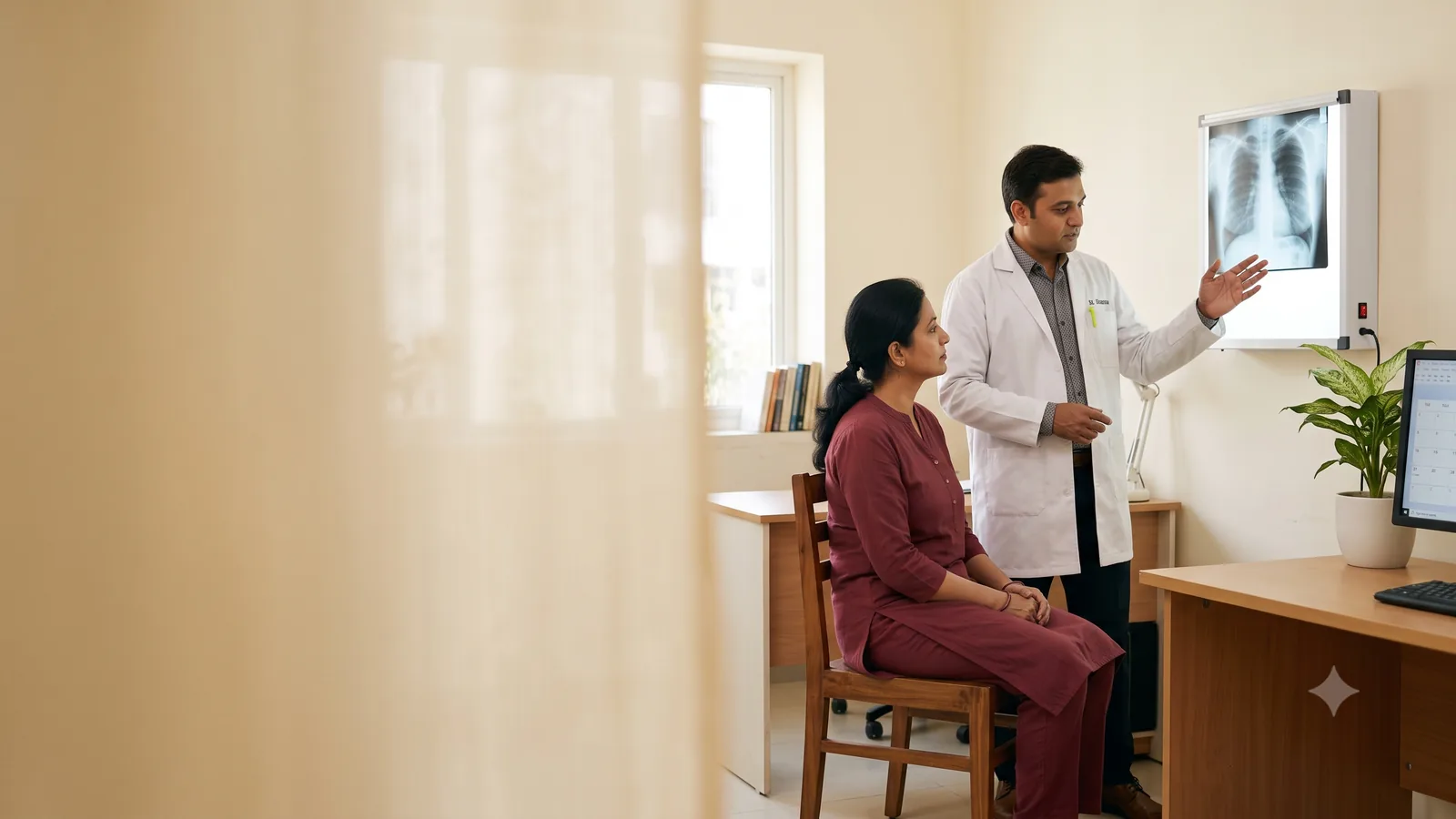 A doctor reviewing a chest X-ray with his patient in a sunlit consulting room.