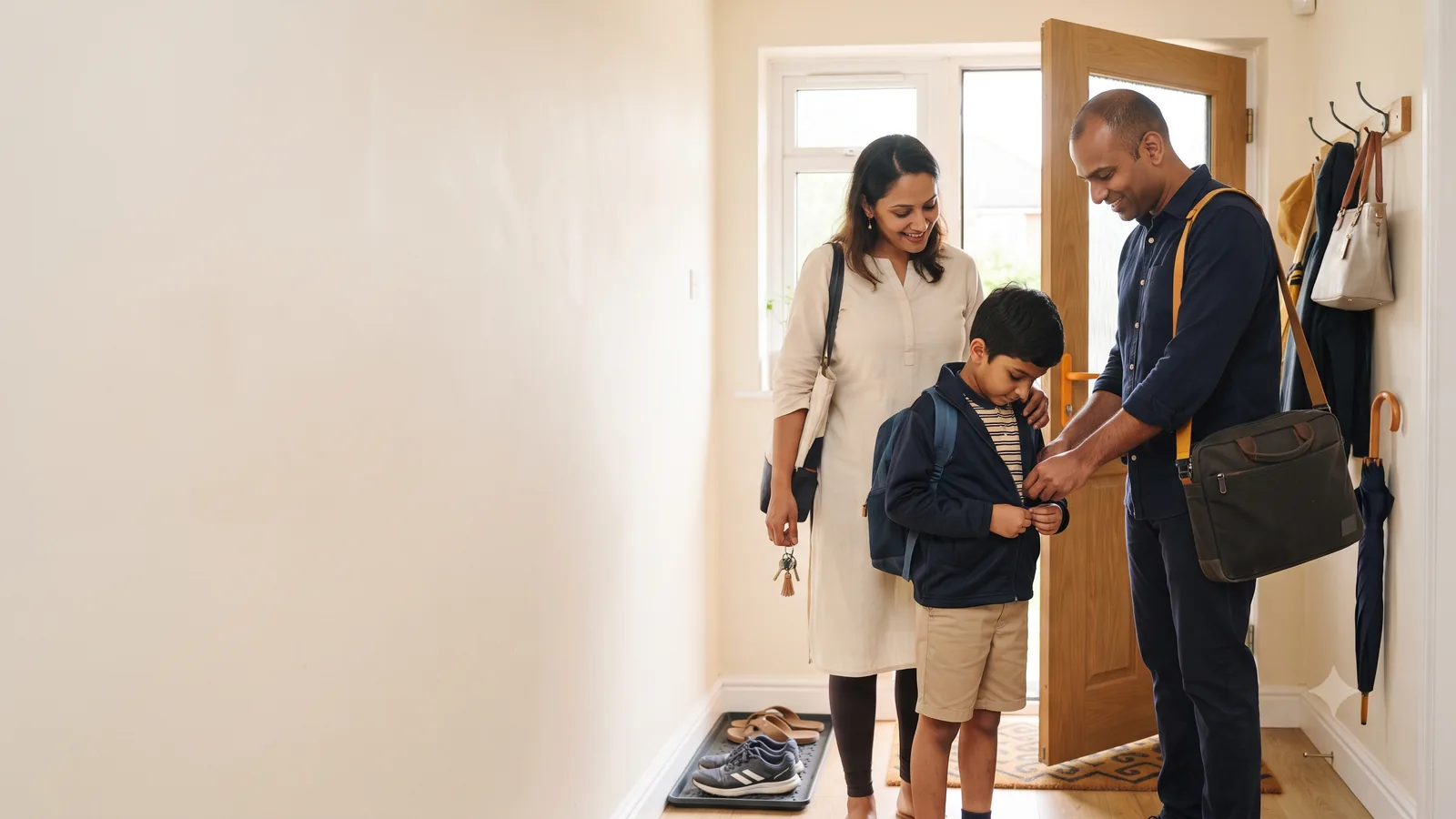 A father helping his son with his school bag at the front door on an ordinary morning.