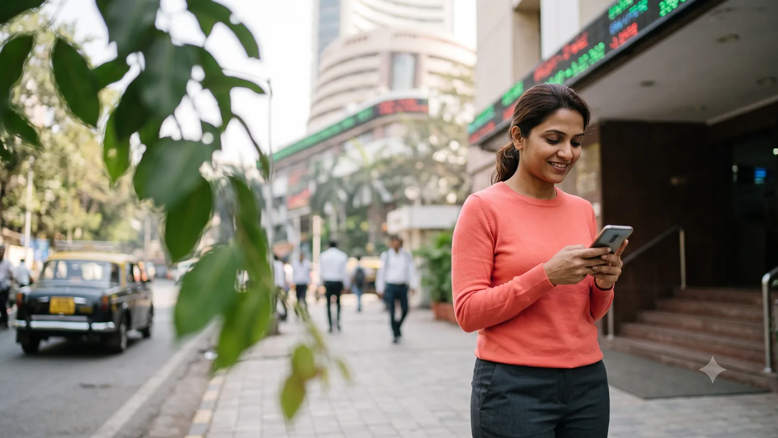 A woman checking her phone on a Mumbai street near the stock exchange.
