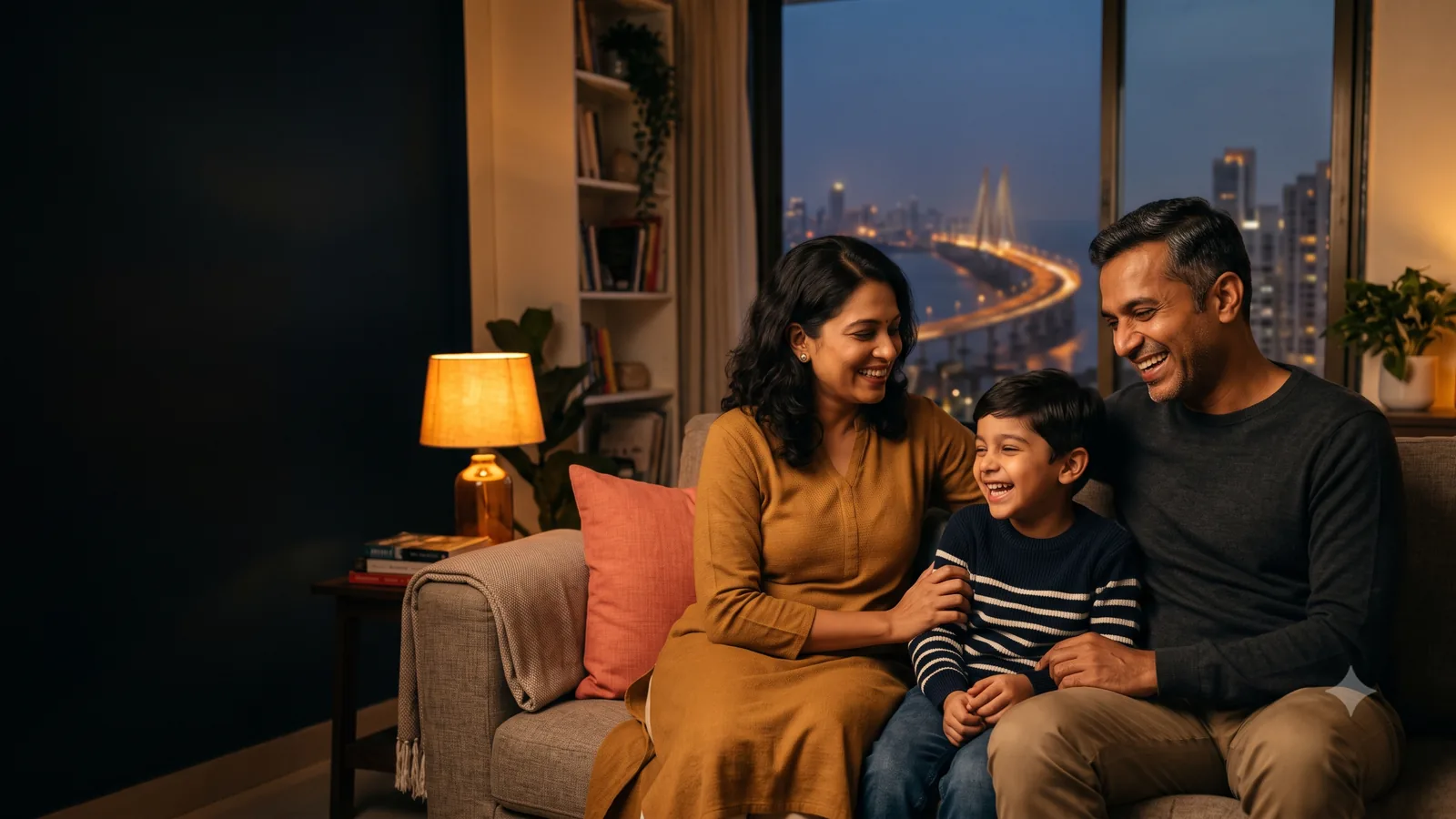 A warm Indian family of three laughing together on the sofa, Mumbai's skyline lit up beyond the window.