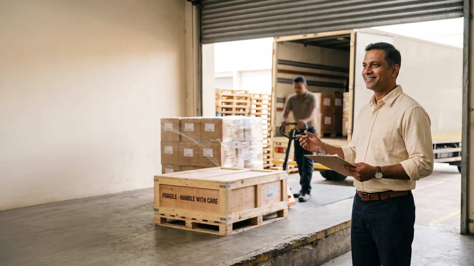 A logistics manager checking a shipment against his clipboard at a warehouse loading dock.