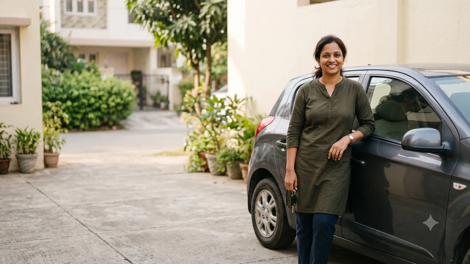 A woman smiling beside her car in her home driveway, keys in hand.