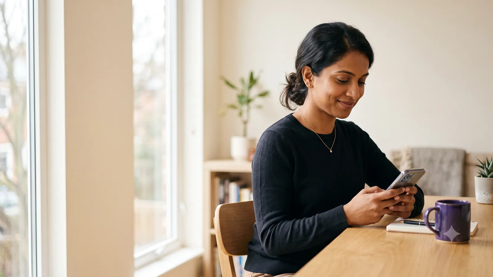 A woman checking her SIP updates on her phone at her table.