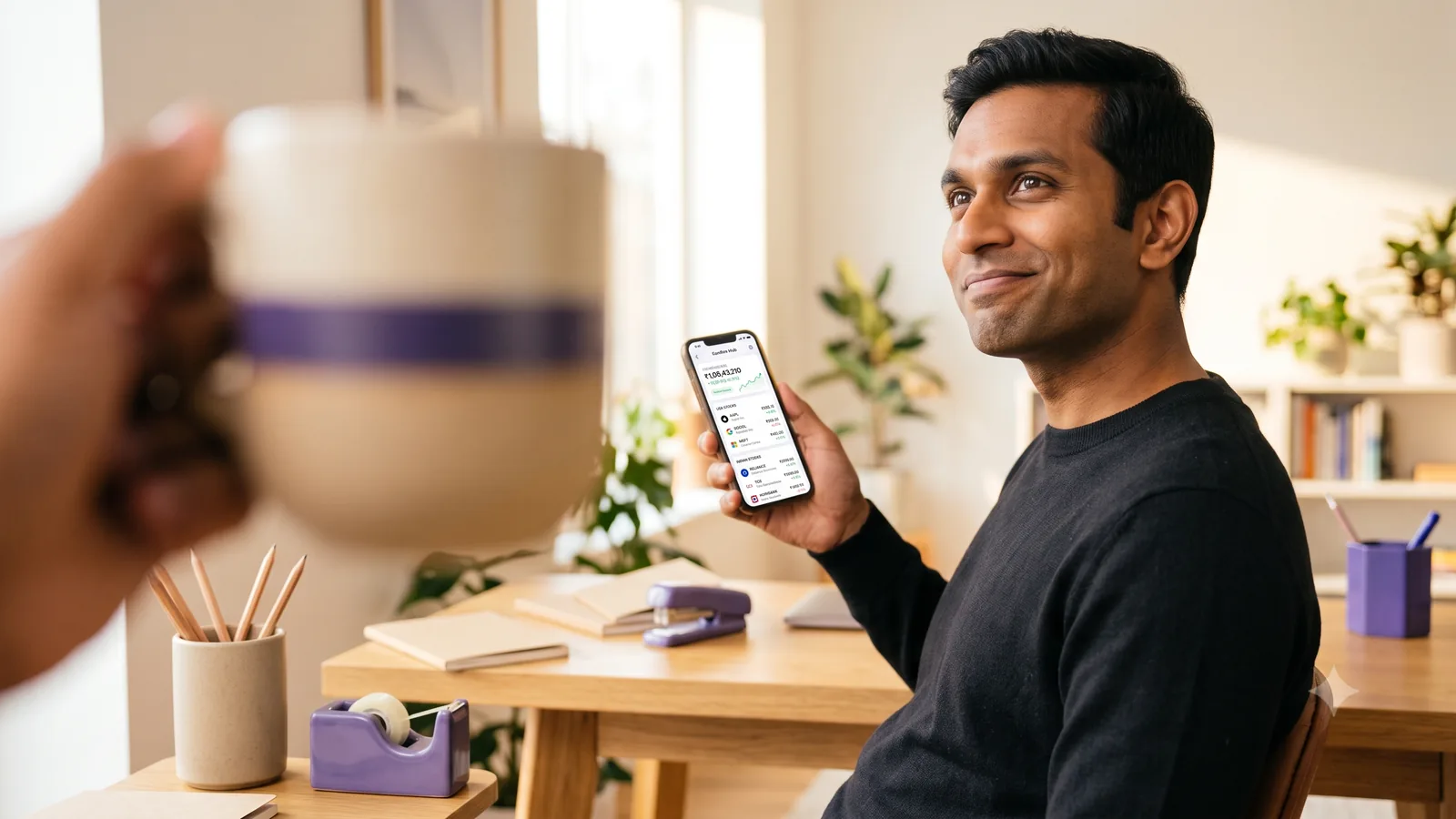 A man checking fund updates on his phone over morning coffee at home.
