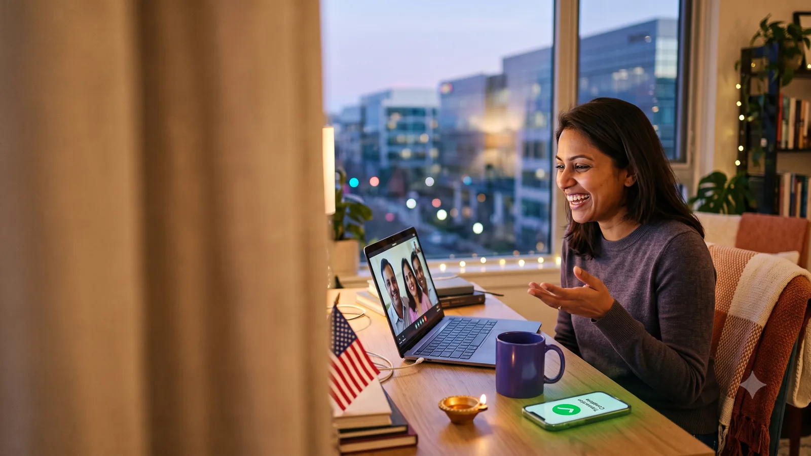 A woman video-calling her family back home from her desk abroad, a small diya lit beside her.
