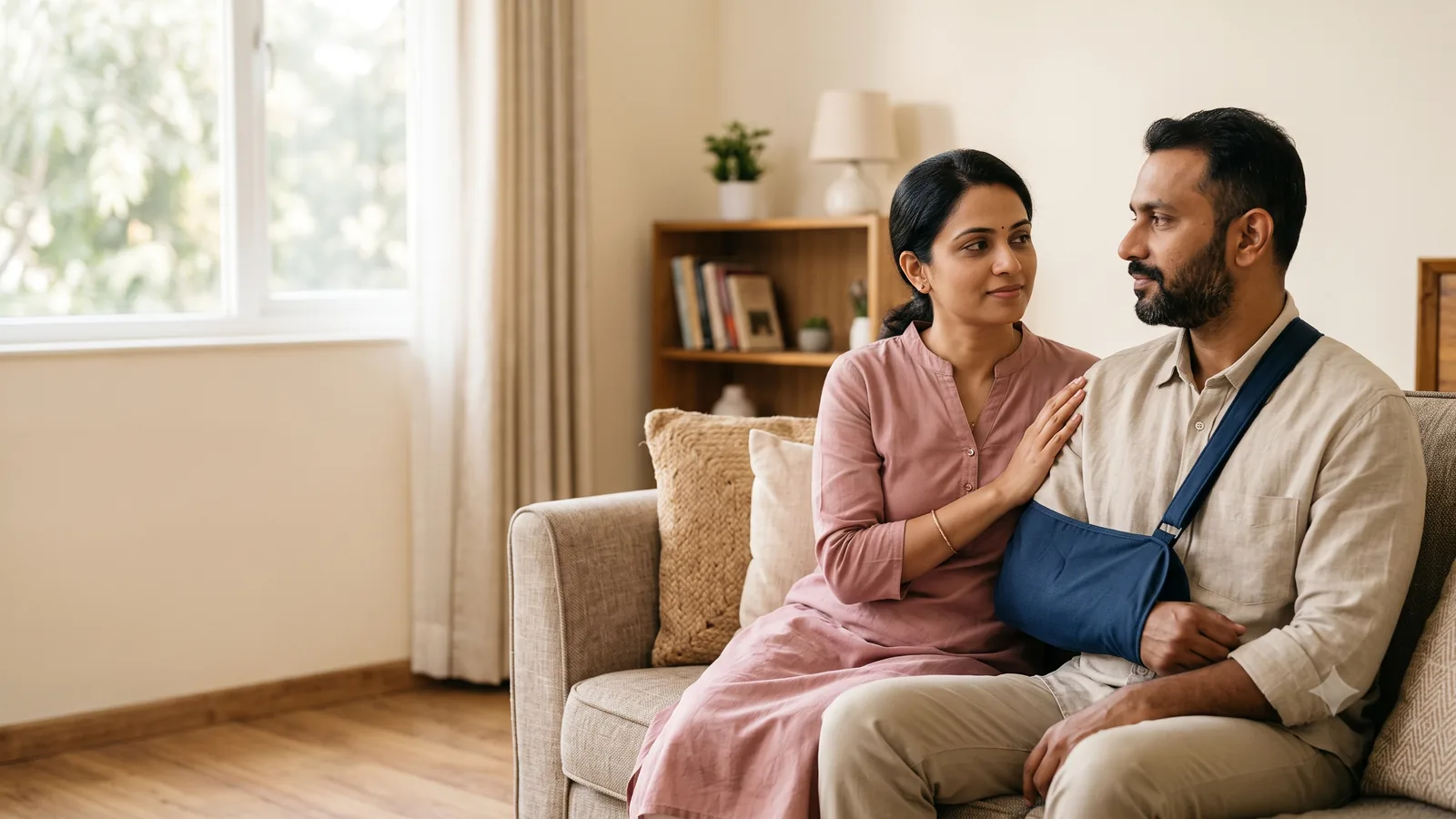 A man recovering with his arm in a sling, his wife by his side at home.