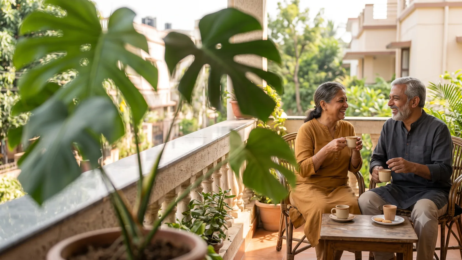A relaxed older Indian couple sharing morning chai on a leafy balcony, calm and free.