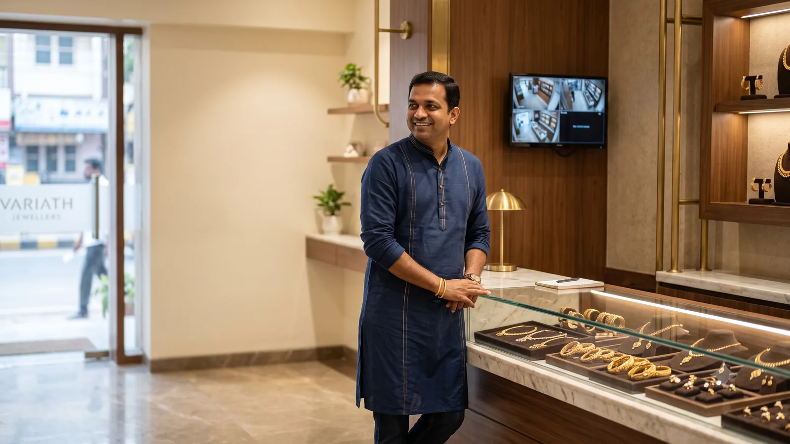 A shop owner smiling behind his counter, his stock on display in the case.