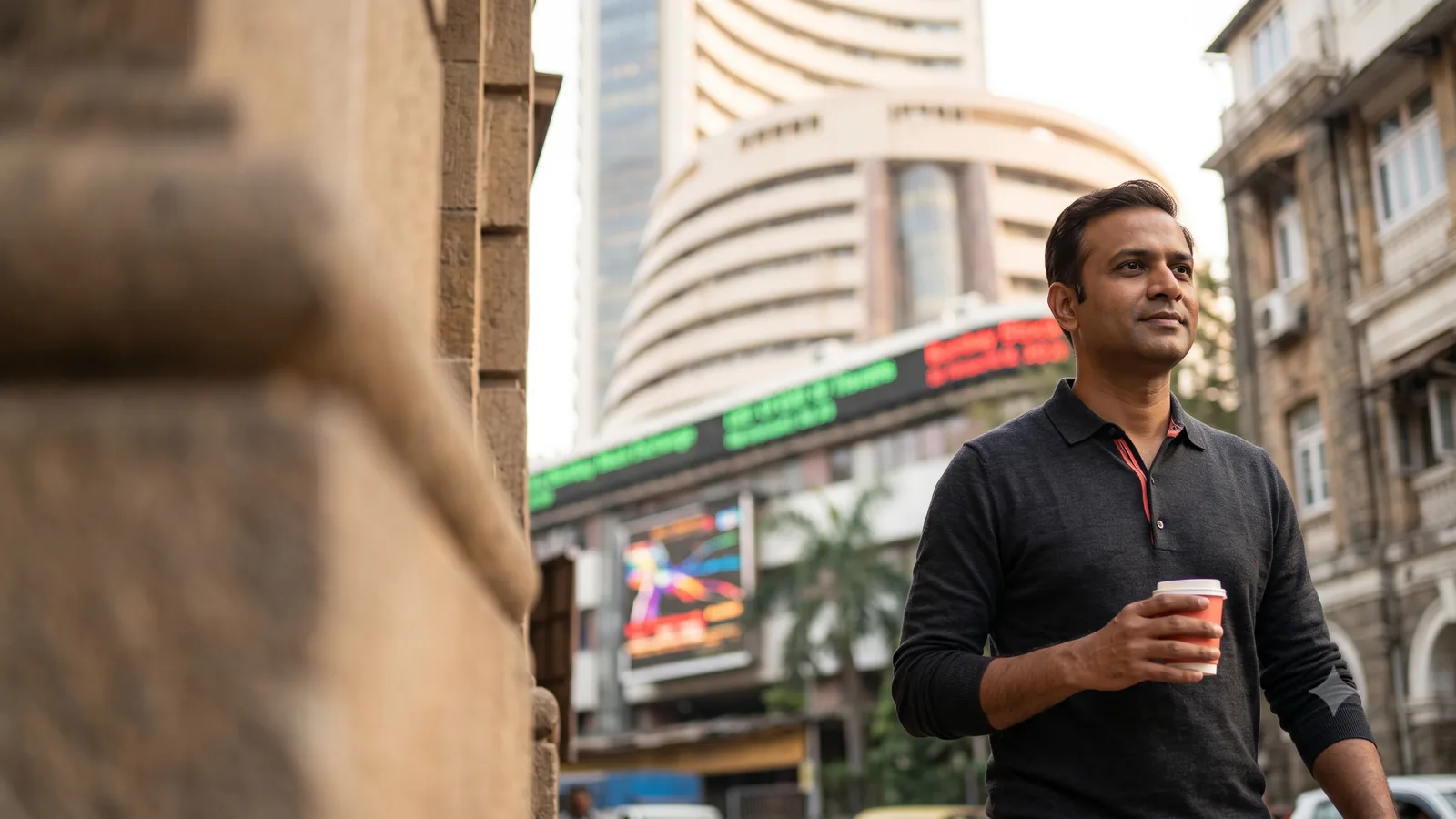 A man holding his coffee on a Mumbai street near the stock exchange.
