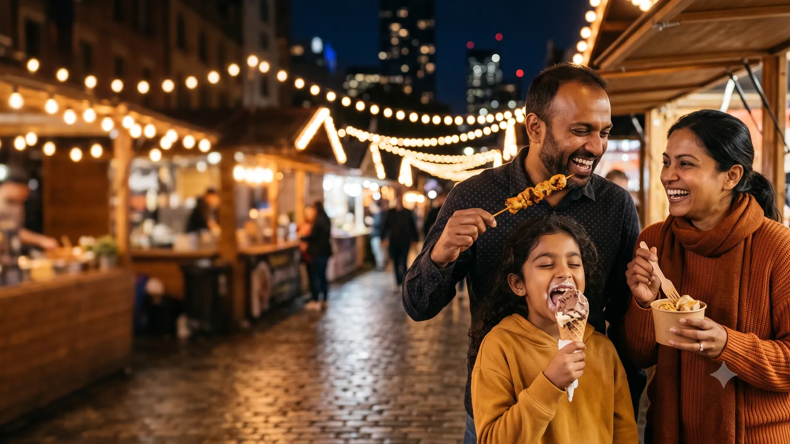 A family sharing street food at a lively night market, laughing together.